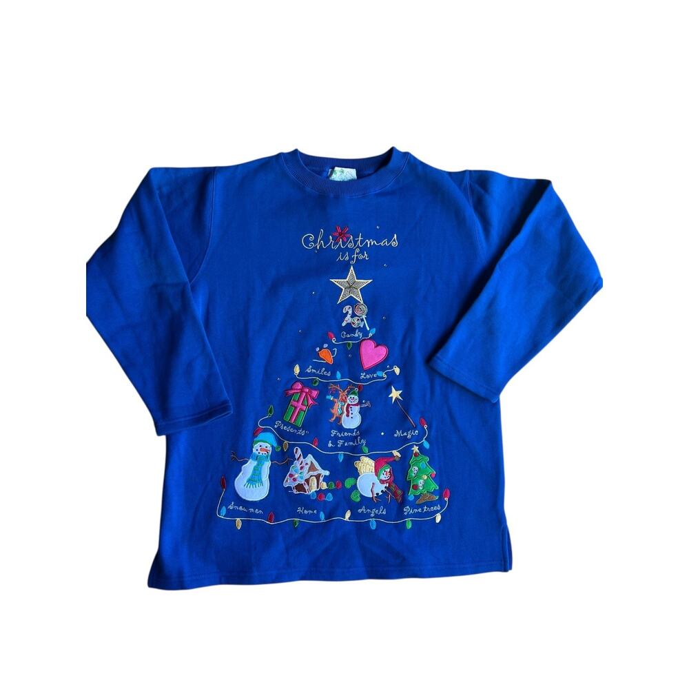 Quacker Factory Women's Christmas Novelty Embroidered Sweatshirt Blue Size Small